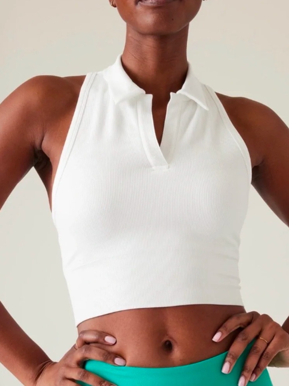 Athleta White Ribbed Polo Crop Tank